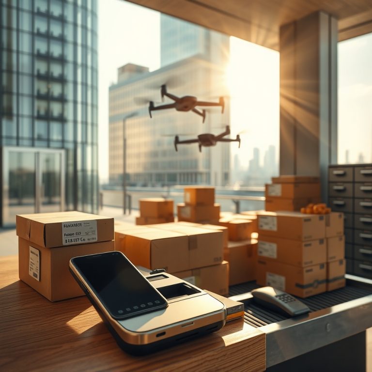 Un hub urban de micro-fulfilare, cu un birou din stejar, drone de livrare și peisajul Bucureștiului, ilustrând ecommerce în contextul economic 2026.